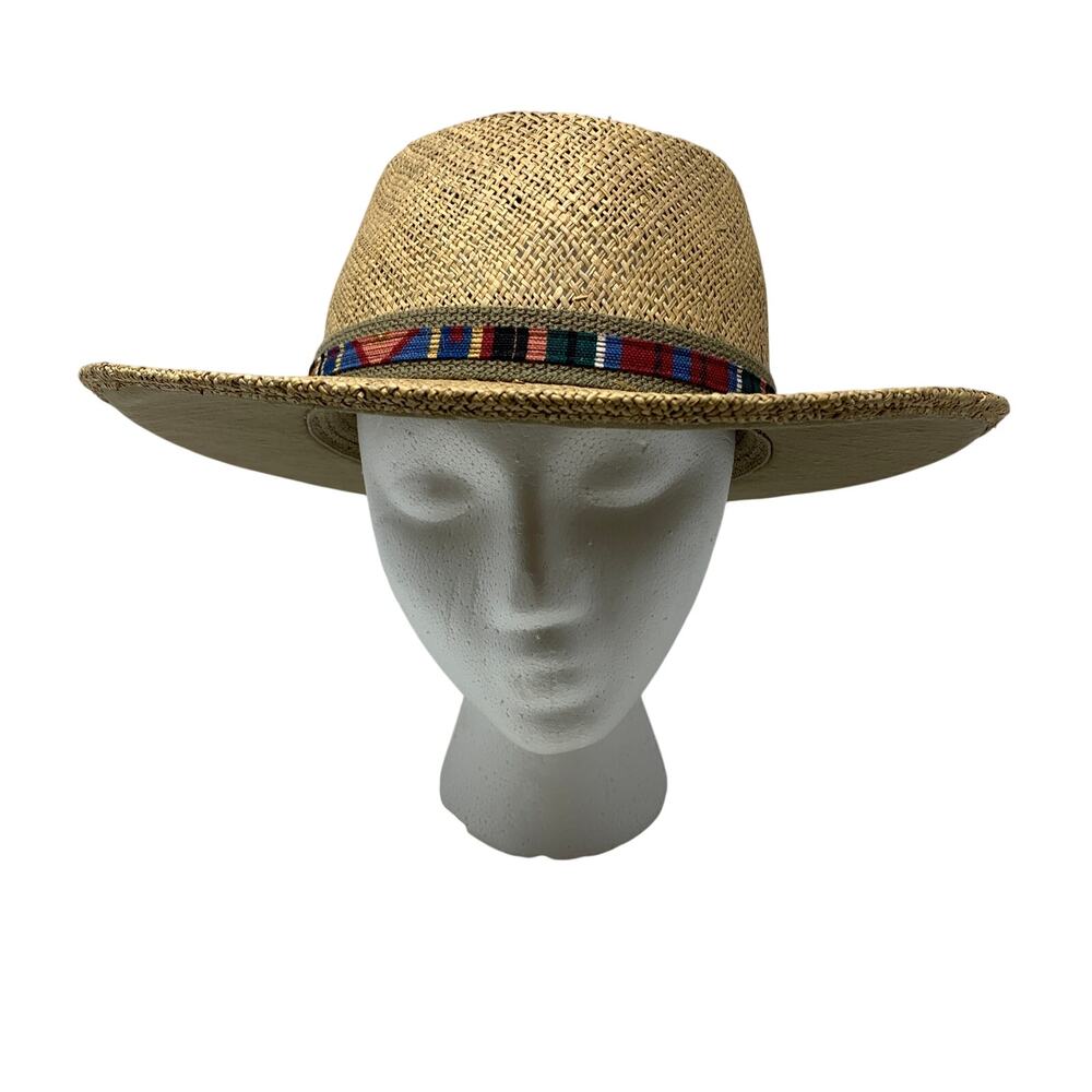 Fiesta Wide Brim Straw Sun Hat Tan Western Boho Rancher Multicolor Band Golf OS